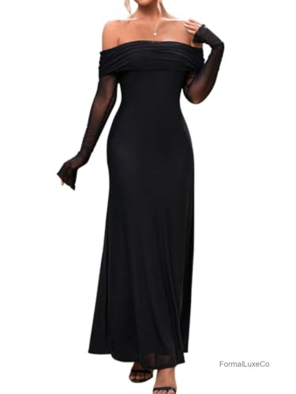 Off Shoulder Long Sleeve Ruched Bodycon Maxi Dress Women Formal Wedding Guest